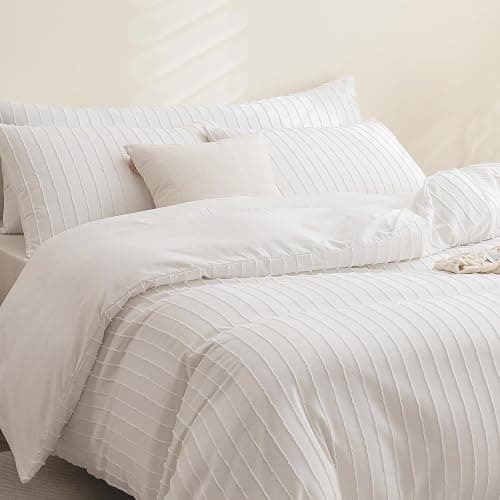 JELLYMONI Duvet Cover Full Size White - 3PCS Boho Striped Duvet Cover Set Polyester Tufted Bohemian Textured Comforter Cover 80×90in with Corner Ties & Zipper and 2 Pillowcases thumbnail 3