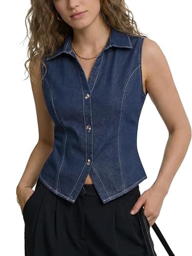 LYANER Women's Denim Vest Sleeveless Collared V Neck Button Down Casual Summer Jean Tank Shirt Top thumbnail 3