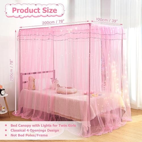 Twin Size Bed Canopy with Lights, Bed Canopy for Girls Princess with Luminous Stars, Canopy Bed Curtains for Twin Bed Kids Indoor Decor Bedroom, 4 Corner Post Bunk Bed for Student Dormitory, Pink thumbnail 2