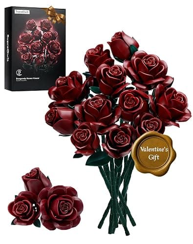 iATOM Burgundy Red Rose Bouquet Building Set, 12Pcs Flower Botanical Collection Kit for Adult, Valentine's Day Gift for Her/Girlfriend/Mom/Wife/Couple, Vintage Home Office Table Centerpiece Decor - Image 1