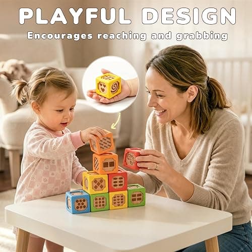 Joyreal Silicone Wooden Baby Blocks, 10PCS Montessori Stacking Blocks for Babies 6-18 Months, 1.7" Beech Wood Sensory Learning Toy with Animals, Numbers, Textures, Soft Chewable, Laser Engraved thumbnail 7