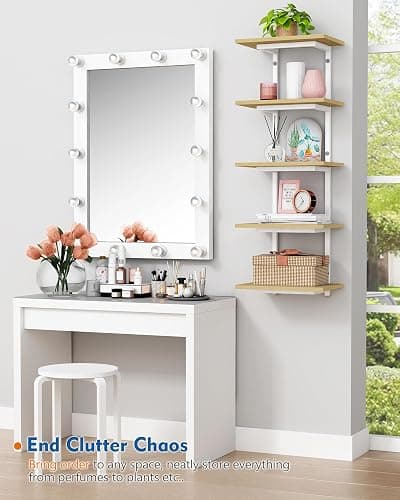 Harwaya White and Natural Tiered Wall Shelf Unit, 5 Tier Display Floating Shelves, Deep Hanging Wall Shelving Unit for Living Room Plants TV, Bedroom Books, Office Décor (White and Natural Wood) thumbnail 7