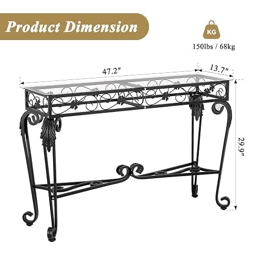 HavenlyYouth Console Table 47.2", Tempered Glass Sofa Tables, Vintage Entryway Table with Metal Frame, Console Tables for Living Room, Entrance, Foyer, Adjustable Feet (Black) thumbnail 3