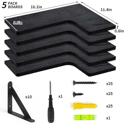Fixwal Corner Shelves Wall Mounted Set of 5, Floating Shelves for Wall Bathroom, Kitchen, Bedroom, Home Decor, Laundry Room, Living Room (Black) thumbnail 4