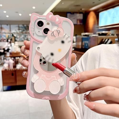 Olntun for iPhone 16 Cute Cartoon Case,Women Girls Kids 3D Bow Kawaii Pink Cat Face Makeup Mirror Soft TPU Clear Protective Phone Cover for iPhone 13 6.1inch thumbnail 2