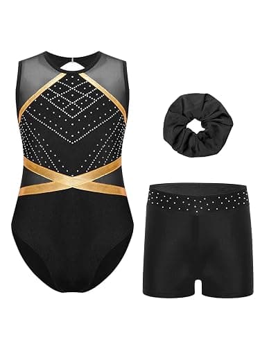 Eandarui Gymnastics Outfit Set for Girls Patchwork Sleeveless Leotard Unitards with Shorts and Headwear - Image 1