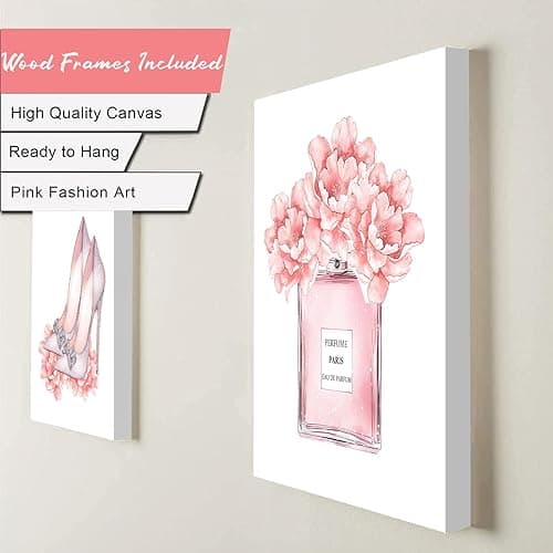 FRAMED Pink Makeup Room Canvas Wall Art, Fashion Woman Picture Wall Decor Paintings, Watercolor Perfume High Heels Lipstick Beauty Room Decor Pictures Arts for Girls Women Room Decor, (Set of 6, 8x10 in, Framed) thumbnail 3