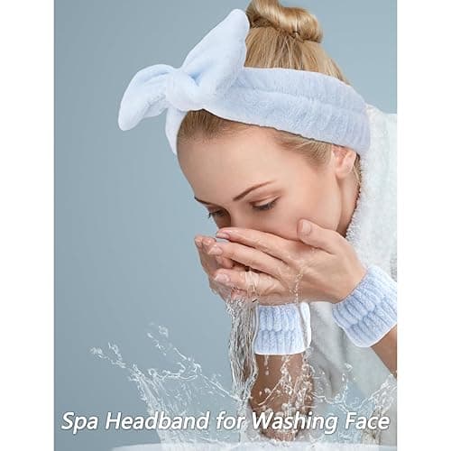 VELSCRUN Spa Headbands for Wash Face, Makeup Headband, Facial Skincare Headbands, 5 Pcs Blue Puffy Sponge Spa Headband Bow Tie Hair Band Hair Clips Wristband Set Women Girls Accessories thumbnail 3