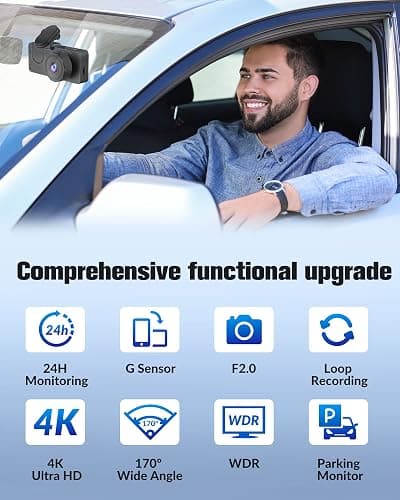 Dash Camera for Cars,4K Full UHD Car Camera Front Rear with 32GB Card,Built-in Super Night Vision,2.0'' IPS Screen,170°Wide Angle,WDR, 24H Parking Mode, Loop Recording. thumbnail 6