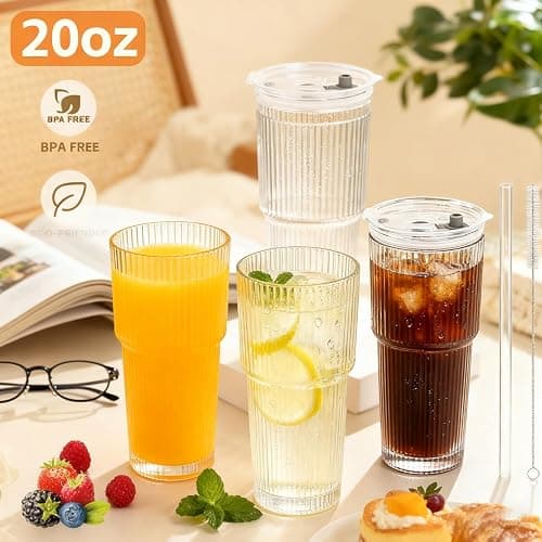 MINGHYZYA 20 oz Glass Tumblers, Iced Coffee Cups with Lids and Glass Straws, Thickened Wall Ribbed Glass Cups, Ideal for Smoothies, Cocktails, and Juices – Vintage and Durable Drinkware – 1 Pack thumbnail 8