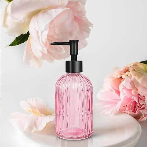 Topsky Stripe Glass Soap Dispenser with Black Plastic Pump, 400ml Liquid Hand Soap Dispenser, Rustproof Pump for Kitchen & Bathroom, Great for Lotions, Essential Oil, Liquid Soaps-Pink thumbnail 2