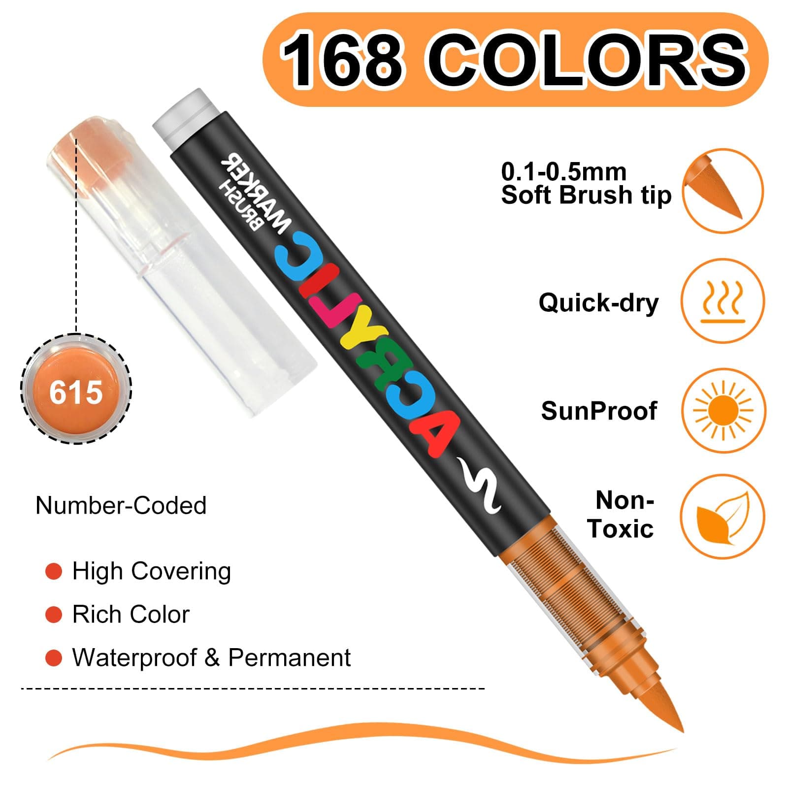 Marcadores Acrílicos 168 Colores Punta Brush – Tinta Acrílica Líquida de 2.4 ml, Caja de 7 Niveles, Ideal para Arte en Roca, Madera, Vidrio, Tela y Más – Rotuladores Acrílicos de Pintura thumbnail 6