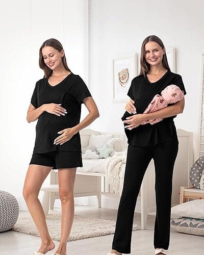 Rnxrbb V Neck Nursing Pajamas Set 3 Pack Postpartum Pjs Breastfeeding Sleepwear for Women Double Layer with Pockets - Medium - Black thumbnail 2