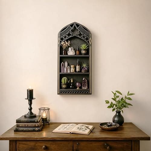 Trinket Shelf, Gothic Decor for Wall, Goth Room Decor, Crystal Display | Crystal Display Shelf, Goth Wall Decor, Vintage Decor, Wooden Gem Stone Rock Storage Holder, Goth Gifts thumbnail 2
