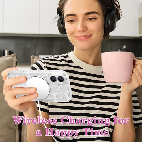 UEEBAI Magnetic for iPhone 16 Case, Bow Case Compatible with MagSafe, Wireless Slim Clear Ribbon Aesthetic Phone Cover Anti-Yellowing Shockproof Protective Cover for Women Girl - White thumbnail 6