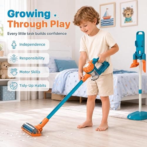 BAYMI 3-in-1 Kids Vacuum that Really Works - Toddler Vacuum Cleaner with Real Suction, Pretend Play Housekeeping & Cleaning Toy Set for Kids Ages 3+ (Blue) thumbnail 5