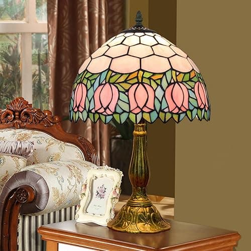 Blivuself Tiffany Lamp Stained Glass Lamp Pink Tulip Bedroom Table lamp Reading Desk Light for Bedside Living Room Office Dormitory Dining Room Decorate Housewarming Gift 12X12X18 Include Light Bulb thumbnail 4