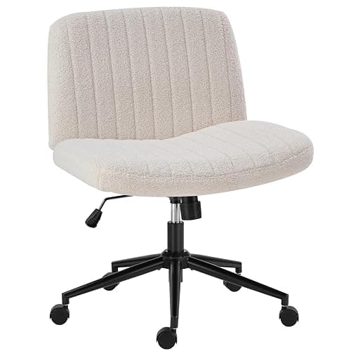OLIXIS Criss Cross Chair with Wheels Wide Cross Legged Office Desk Vanity Chair Comfy Fabric Armless Adjustable Swivel for Home Computer Task Teddy Beige - Image 1