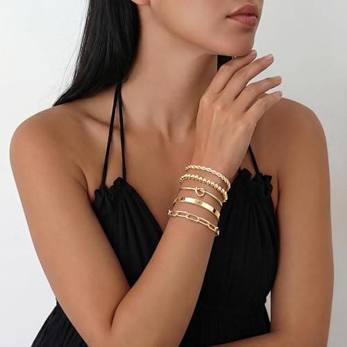 Gokeey Gold Bracelets Set for Women Non Tarnish, Waterproof 14K Gold Plated Sterling Silver Chunky Cuff Bracelet Stackable Gold Bangles Bracelet for Women Trendy Fashion Accessories Tie Knot Cuban Rope Paperclip Beaded Bracelet Stack Jewelry Mothers Day Gifts for Mom Birthday thumbnail 2