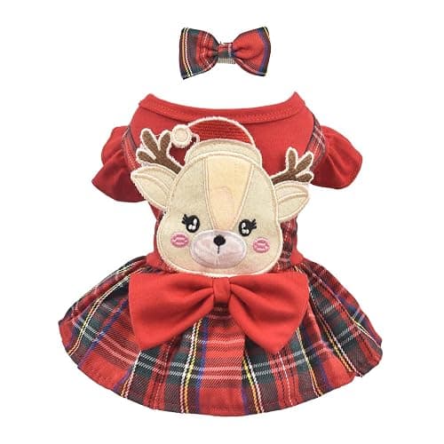 FLAdorepet Reindeer Dog Christmas Dress with Hair Bow,Pet Cat Antler Costume Holiday Outfits,Classic Red Plaid Puppy Skirt Dresses Clothes for Small Medium Dogs Girl,L - Image 1