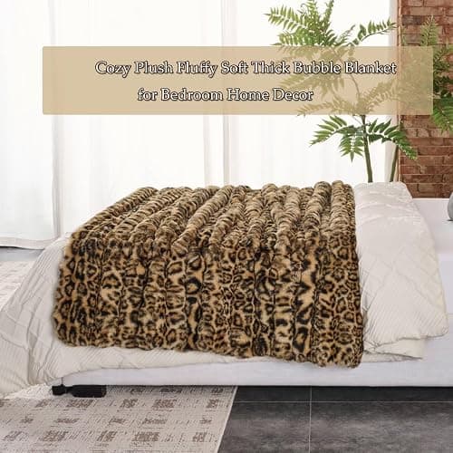 760GSM Faux Rabbit Faux Fur Throw Blanket,Super Thick Warm Bubble Blanket Throw,Fuzzy Luxury Plush Decorative Blanket for Couch Bed Sofa(Leopard Brown,50''x 60'') thumbnail 3