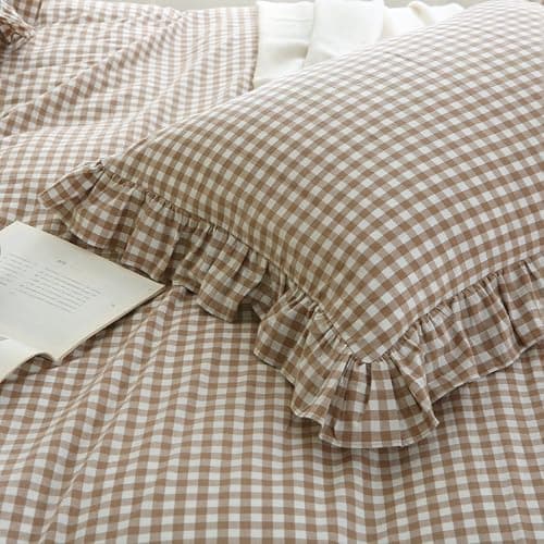 Silnuo Taupe/White Plaid Ruffle Duvet Cover King Size,100% Washed Cotton 3 Pcs Vintage Checkered Chic Gingham Bedding Set Comforter Cover Set thumbnail 7