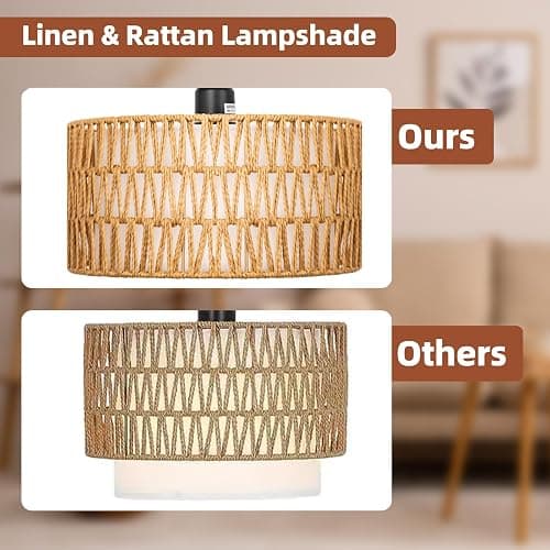 Brilvibera Rattan Floor Lamps for Living Room, Boho Standing Lamps with Rattan& Linen Double Shades, Arc Lamps Floor Standing with 9W Bulb, Foot Switch, Bohemian Floor Lamps for Bedroom, Office thumbnail 6
