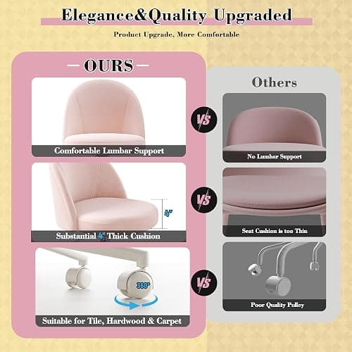 EnHomee Vanity Chair with Wheels, Pink Desk Chair with Back, Small Office Chair Armless for Makeup Room, Bedroom, Home Office thumbnail 8