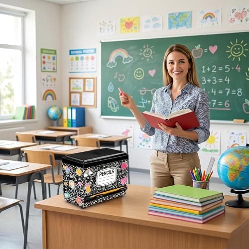 Composition Pencil Dispenser for Classroom Back to School Decorations Composition Notebook Pencil Dispenser Holder with Lid for Teacher Student Classroom Home Office Middle Preschool Gift Supplies thumbnail 7