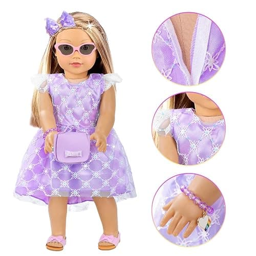 VAWMJOT 18 Inch American Doll Accessories, 2 Sets Pink and Purple Dresser Sunglasses Handbag Lipstick Hair Clip Eye Shadow Foundation Make-up Bracelet Cosmetic Brush American Doll Clothes Set thumbnail 5