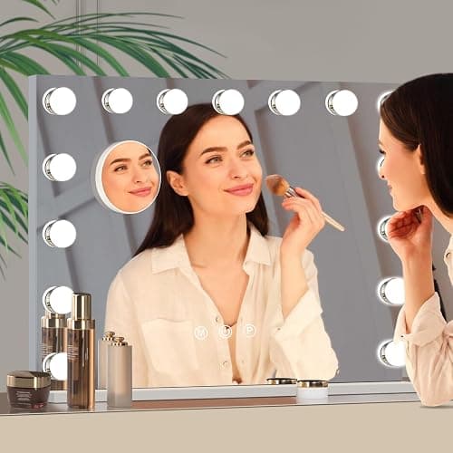 Ruication Hollywood Vanity Mirror with Lights, 58×48cm Lighted Makeup Mirror with 15 Dimmable Led Bulbs, 3 Lighting Modes, Touch Screen Control, Tabletop and Wall Mounted for Bedroom thumbnail 4