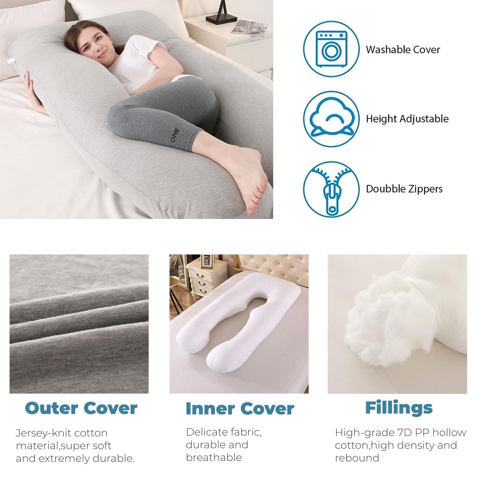 Pregnancy Pillow, Maternity Full Body Pillow for Back, Legs and Belly Support, U Shaped Full Body Pillow for Pregnant Women and Side Sleepers with Removable Cover (Knit Cotton, Grey) thumbnail 3