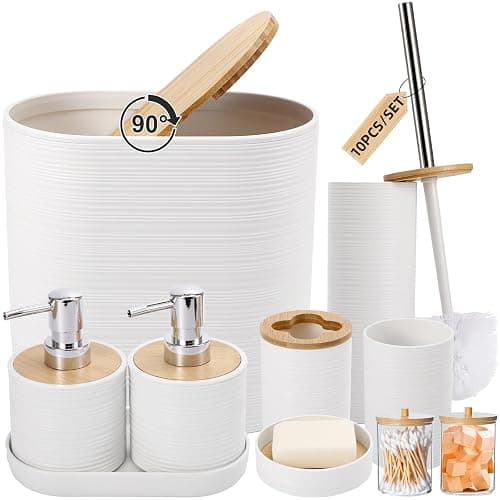 XLHOMO White Bathroom Set, White Bathroom Accessories Set with Trash Can, 2PCS Soap Dispensers, Soap Dish, Toothbrush Holder, Toothbrush Cup,Toilet Brush, Tray and Qtip Holders for Bathroom Decor - Image 1