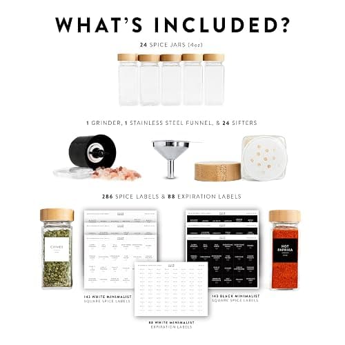 SAVVY & SORTED Glass Spice Jars with Label, 24PK Bamboo Jar Spices Set 4oz, 374 Spice Labels, Pepper Grinder, Empty Herb Seasoning Containers, Funnel and Shaker Lids thumbnail 7