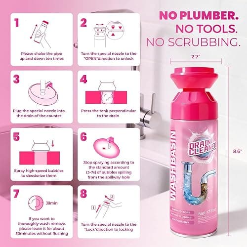 Foaming Drain Cleaner, Powerful Sink Drain Cleaner Foam That Clears Hair & Eliminates Odors, Fast Clog Removal, Safe Sink Cleaner and Deodorizer for Kitchen Sinks Bathroom Drains Tubs Showers (2Pcs) thumbnail 4