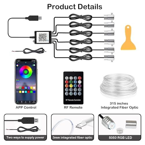 DEHERANE Interior Car LED Strip Lights, RGB 6 in 1 Ambient Lighting Kit with 315 inches Integrated Fiber Optic, 16 Million Colors Car Interior Lights with Wireless APP& Remote Control, Sync to Music thumbnail 5