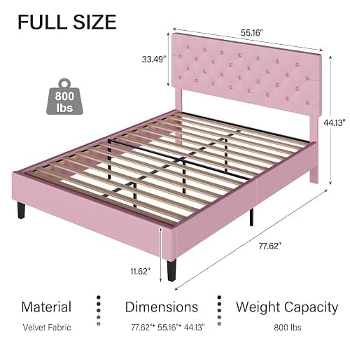 REVOMINCA Full Bed Frame with Headboard, Faux Leather Upholstered Platform Bed Frame, Pink Bed Frame Full Size, Wooden Slat Support, No Box Spring Needed, Pink thumbnail 3