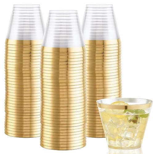 Hioasis 200Pcs 9OZ Clear Cups - Plastic Disposable Cups with Gold Trim, Heavy Duty & BPA-free for Party, Wedding, Reception - Image 1