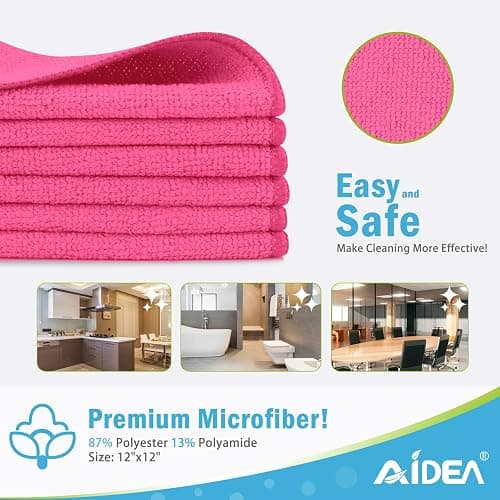 AIDEA Pink Microfiber Cleaning Cloth-12PK, Absorbent Cleaning Rags 12"x12" | Microfiber Towels for Cars Lint Free, Shop Towels, Kitchen Towels Pink Stuff Microfiber Towels, Cleaning Towels for Garage thumbnail 2