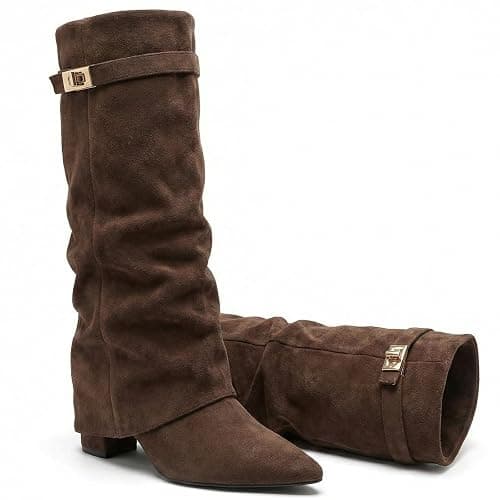 Silanway Women's Knee High Boots Leather Fold Over Pointed Toe Gold Buckle Stacked Heel Dress Casual Slouchy Mid Calf Booties - Image 1