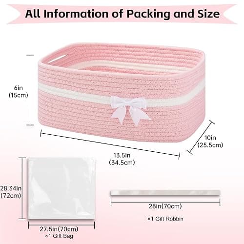 OIAHOMY Large Woven Storage Basket with Handles for Nursery Living Room Shelves, Bow Basket for Gifts Empty with Gift Bags and Ribbons for Baby Showers Pet Toy Bin - Pink thumbnail 3