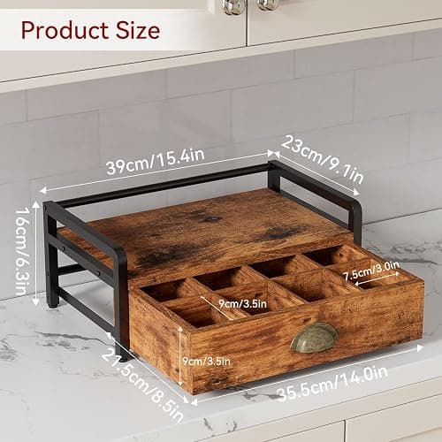 IBUYKE Tea Bag Organizer,Tea Box with Drawer,Brown TCJ004H | Wood Tea Bag Holder for Countertop 2 Tier Tea Station Organizer with Metal Frame for Kitchen Cabinet Coffee Station Office thumbnail 3