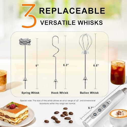 YUSWKO Rechargeable Milk Frother Handheld with 3 Heads, Silver Coffee Electric Whisk Drink Foam Mixer, Mini Hand Stirrer with 3 Speeds Adjustable for Latte, Cappuccino, Hot Chocolate, Egg thumbnail 2