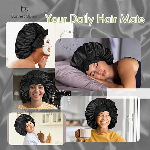 BONNET QUEEN Silk Bonnet for Sleeping Satin Bonnet Hair Bonnets Large Bonnets Hair Wrap Sleep Cap with Tie Band for Women Curly Hair Braids Locs Black thumbnail 2
