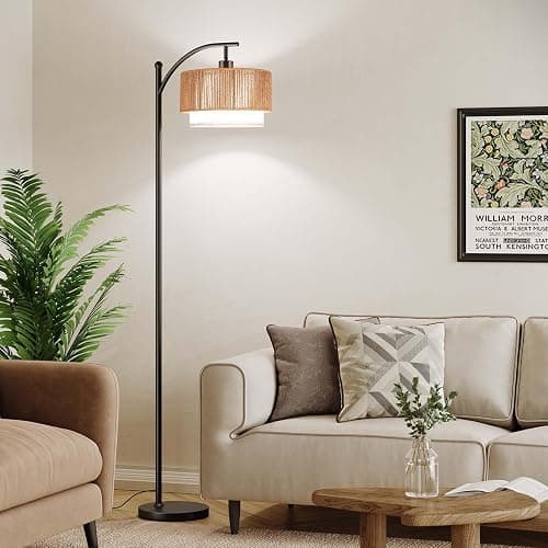 SUNMORY Floor Lamps for Living Room with 12W LED Bulb, Arc Floor Lamp with 3 Color Temperatures, Farmhouse Floor Lamps with Adjustable Rattan & Fabric Shades, Boho Standing Lamp for Bedroom, Corner thumbnail 5