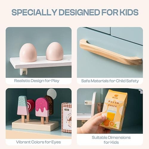 ROBUD Fridge Refrigerator with Ice Dispenser, Wooden Play Fridge Freezer Set for Kids, Toddler Kitchen Playset with Full Accessories Pretend Play Set, Gift for Boys & Girls, Age 3+ thumbnail 5