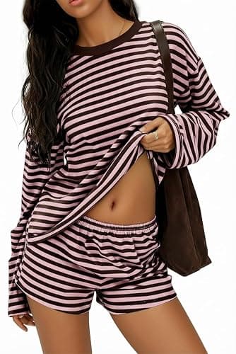 Opemiby Women 2 Piece Short Sets Outfit Casual Long Sleeve Top and Shorts Matching Lounge Set with Pockets - Image 1