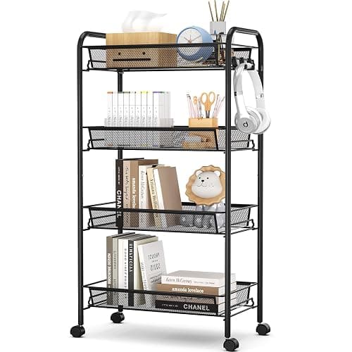 TOOLF 4-Tier Rolling Cart, Metal Utility Cart with 3 Hooks, Easy Assemble Mobile Storage Trolley On Wheels, Metal Shelving Units Kitchen Bathroom Laundry Room - Image 1