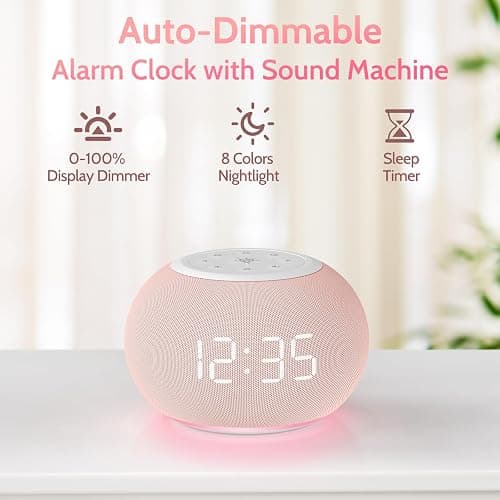 Reacher Auto Dimmable Sound Machine Alarm Clock with Night Lights, 20 Soothing Sounds, Sleep Timer, Precise Volume Control, Cute White Noise Soother for Girls, Kids, Bedrooms, Office thumbnail 2