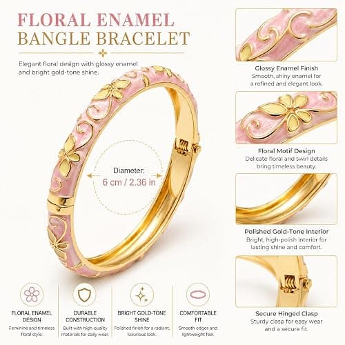 sunglnl Cloisonne Bracelet For Women, 4 Petals of Flower Shaped Enamel Bling Chunky Bangle Trendy Cute Colorful Gold Plated Vintage Bracelets Stackable Wife Jewelry Friendship Gift thumbnail 7